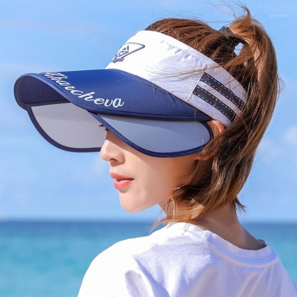 

2020 new fashion summer women's spacious sun hats novel visor retractable empty cap adjustable size women beach hat1, Blue;gray