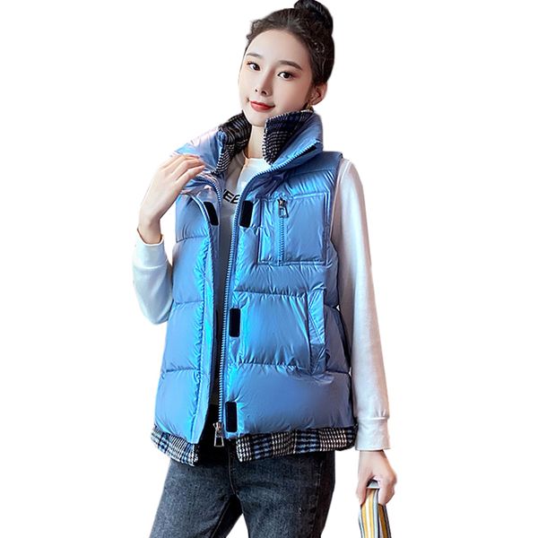 

2021 new women sleeveless vest winter warm plus size glossy down cotton padded jacket stitched collar female veats waistcoat ovif, Black;white