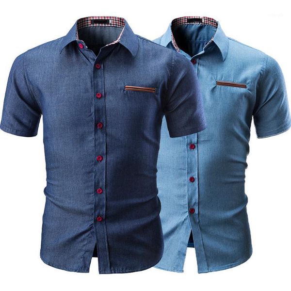 

casual slim fit denim color shirt men summer short sleeve streetwear blouse male cotton social shirts f11, White;black