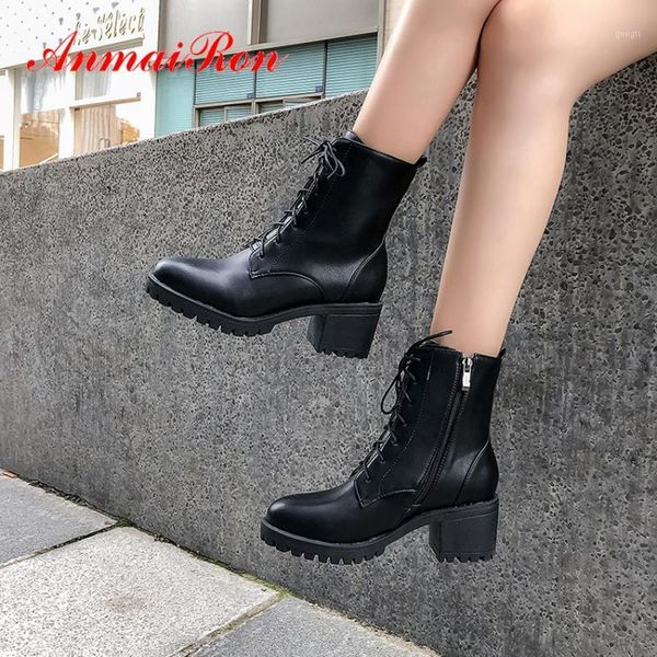 

boots anmairon round toe lace-up ankle for women pu flat with autumn basic solid polyurethane fleeces cross-tied womens boots1, Black