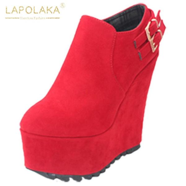 

lapolaka 2020 new fashion big size 43 platform ankle boots women shoes wedge high heels zip up concise shoes ladies boots, Black
