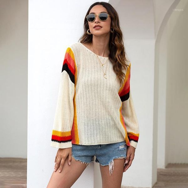 

thin knitwear sweater women's pullover 2020 spring casual hollow out beach shirt patchwork knitting rainbow sweater for women1, White;black