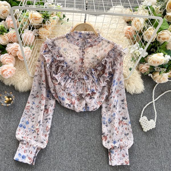 

2021 new singiny feminine sweet floral retro turtleneck puffed ruffled shirts autumn bohemian imprint xz2n, White