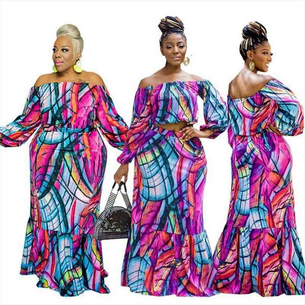 

plus size two piece set women skirt 4xl 5xl dew shoulder long sleeve casual style maxi skirts wholesale dropshipping, Gray