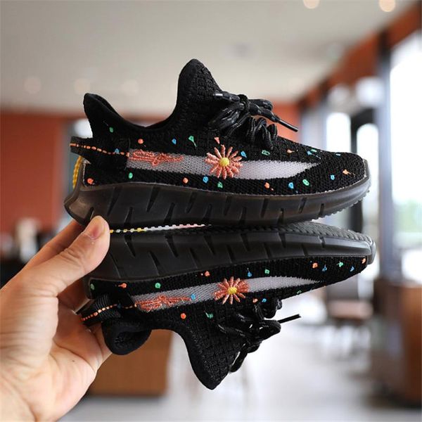 

dimi 2020 autumn children shoes girls casual shoes fashion breathable knitting embroidery small flowers glow kids sneakers qyloob mywjqq, Black