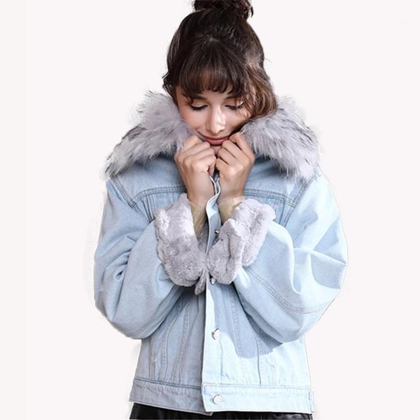 

2020 winter new plush thicken denim jacket women long sleeve warm fur collar motorcycle jacket parka coat woman cotton1, Black;brown