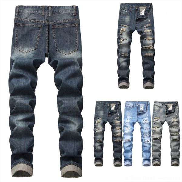 

i1ys2 men stretchy ripped skinny destroyed jeans taped hole man jeans relax fit slim patch denim blue jean pants side strip slim fitn, Black