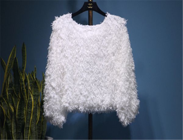 

2021 New Coreano Borlas Suteres Doces Feminino Batwing Peludo Curto Malha Superior Lanterna Mangas Soltas Pulver Outono Nova Camisola J2ZZ, White;black