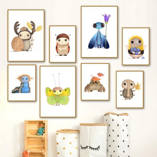 

cartoon dragonfly bee butterfly beetle nordic posters and prints wall art canvas painting nursery wall pictures kids room decor1