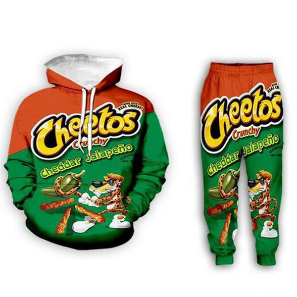 

новые мужчины / женская cheetos 3d all over print tracksuits hoodie / блузы + бегуны брюки костюм женщины мужчины tz174, Gray