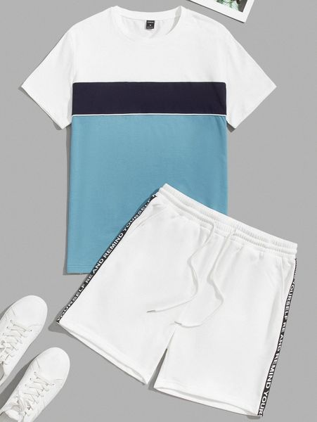 

men colorblock & slogan tape sideseam shorts w6o9#, Gray