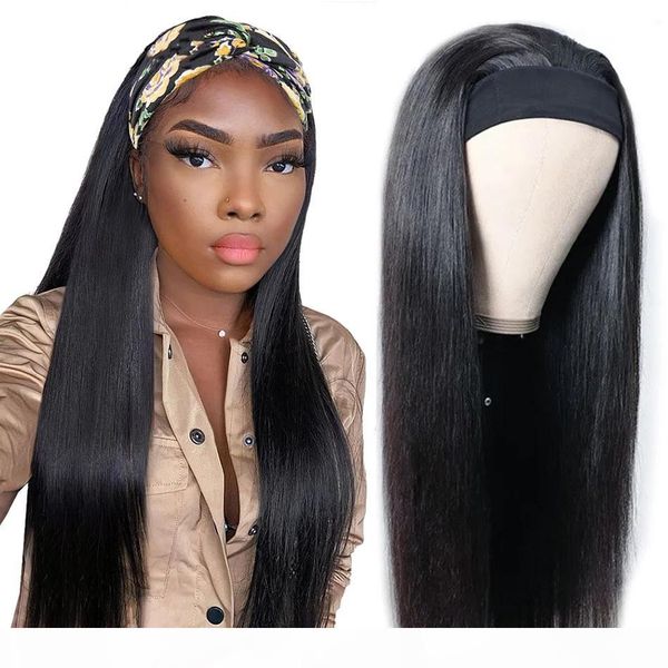 

150% density headband wig human hair brazilian straight human hair pre-attached scarf machine made wig for black women scarf wig, Black;brown