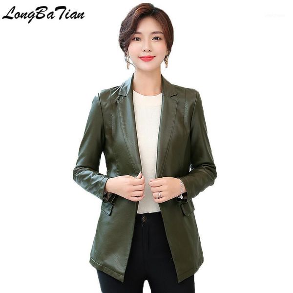 

office lady leather jacket spring autumn outerwear army green blazer one button oversize s-3xl women coat1, Black