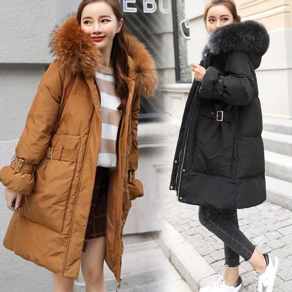 

women winter white duck down jackets loose coat medium long hooded down coat real fur collar thicken outerwear1, Black