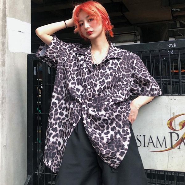 

vintage leopard shirt women harajuku animal shirt loose lapel short sleeve blouse oversize summer chiffon female1, White