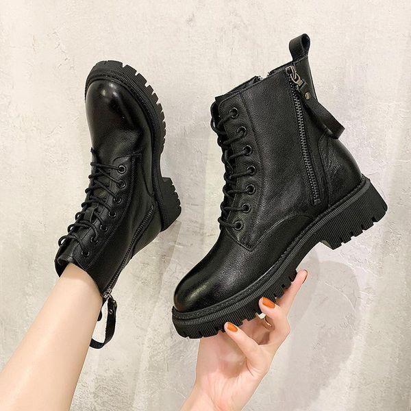 

women winter warm ankle boots black platform side zipper women's cotton shoes fashion new mid-tube lace leisure motorcycle boots1