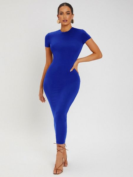 

solid round neck bodycon dress f25d#, Black;gray