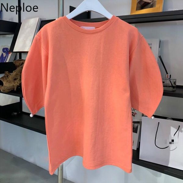 

neploe pearl decor t shirts women summer 2020 solid o neck short lantern sleeve ladies tees loose casual female 1a0291, White