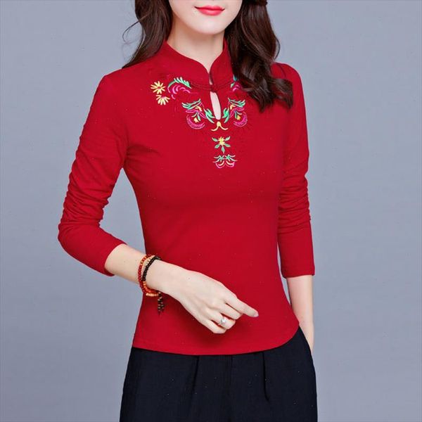 

vintage ethnic embroidery long sleeve t shirt women stand collar 95% cotton plus size ladies tee shirts autumn bottoming, White
