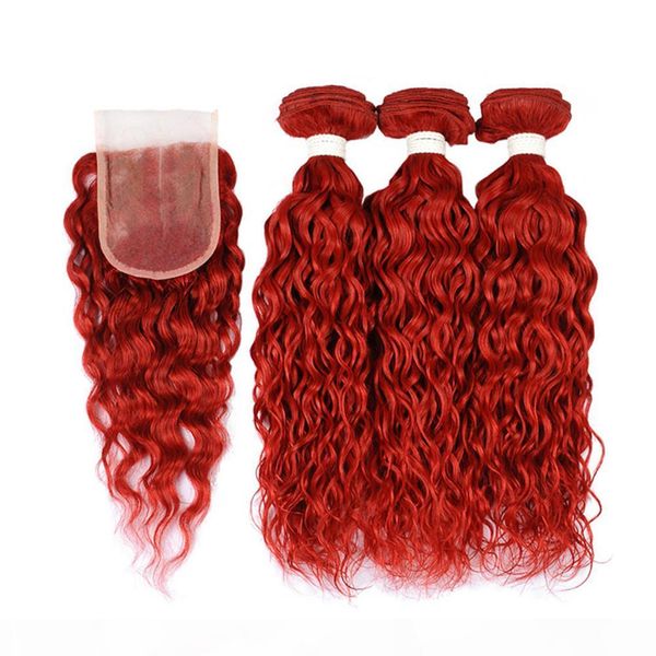 

pure red malaysian wet and wavy human hair weave bundles with closure birght red water wave virgin hair 3bundles with lace closure 4x4, Black