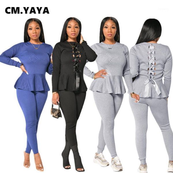 

cm.yaya streetwear women's set back tie up legging pants suits tracksuit matching two piece sets fitness night outfit1, Gray