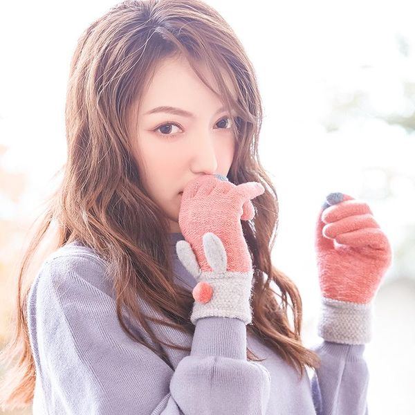 

five fingers gloves autumn winter women knitted touch screen plus velvet thicken warm cute lovely ears girls female woolen, Blue;gray