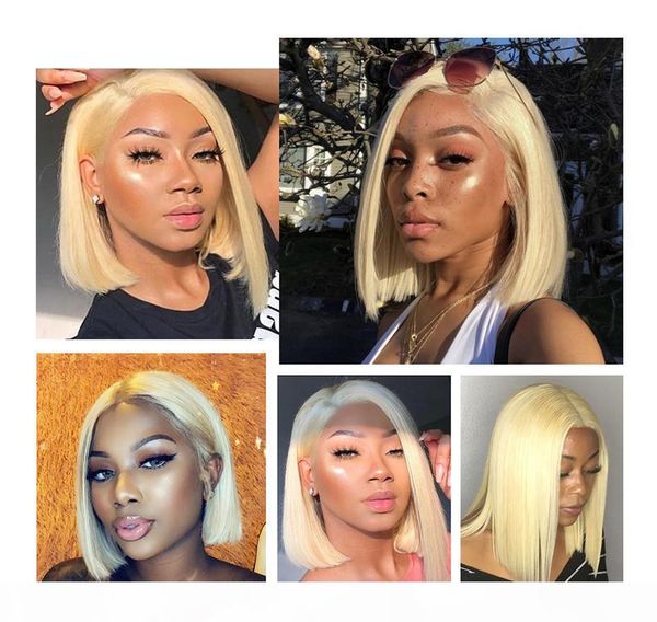 

full lace human hair wigs brazilian remy human hair lace front wig blonde #613 bob cut lace wig pre plucked baby hair, Black;brown