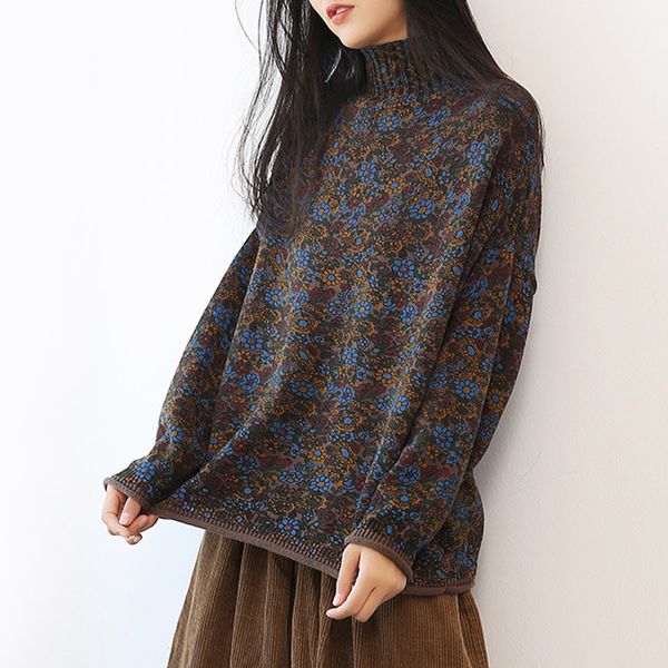 

johnature women vintage turtleneck sweaters print floral autumn new long sleeve knitted cotton loose women korean sweater 201006, White;black