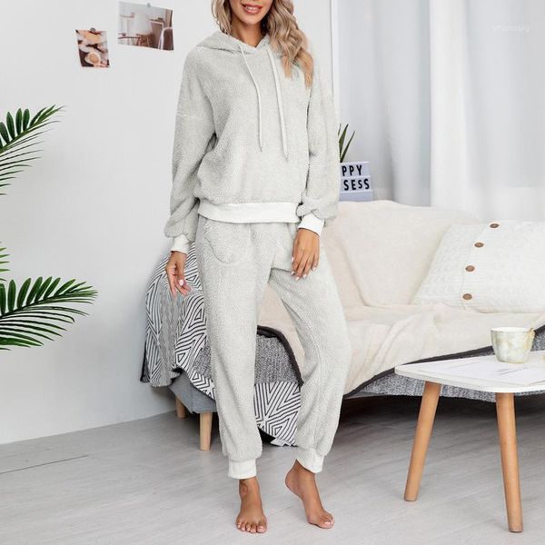 

winter women loose hoodie pants set plush pajamas warm fleece lounging 2 pieces sweatshirt sweatpants casual sleepwear1, Gray