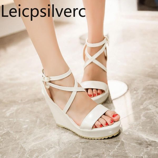 

women's sandals summer new style fashion solid open toe buckle narrow band wedge high heel women's shoe plus size 33-43, Black