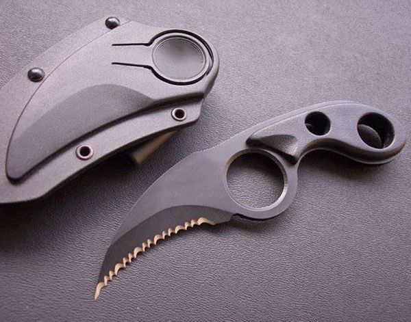 Nuovo coltello Karambit 440C Lama seghettata nera Full Tang ABS Manico in plastica Lama fissa Artiglio Coltelli tattici con Kydex