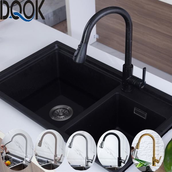 Rubinetto da cucina Blacked Single Handle Pull Down Rubinetto da cucina bianco Foro singolo Rubinetti in nichel spazzolato a 360 gradi Rubinetto miscelatore acqua T200710