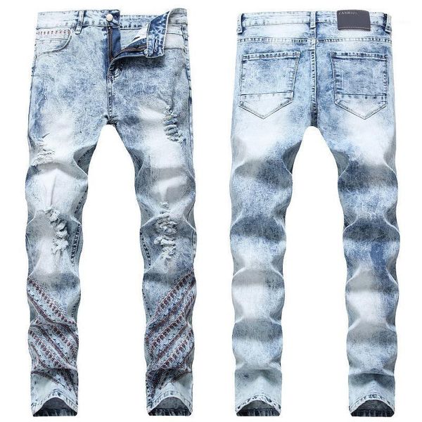 

men's jeans men plus size fashion ripped straight leg slim light blue embroidery denim trousers cotton denim1