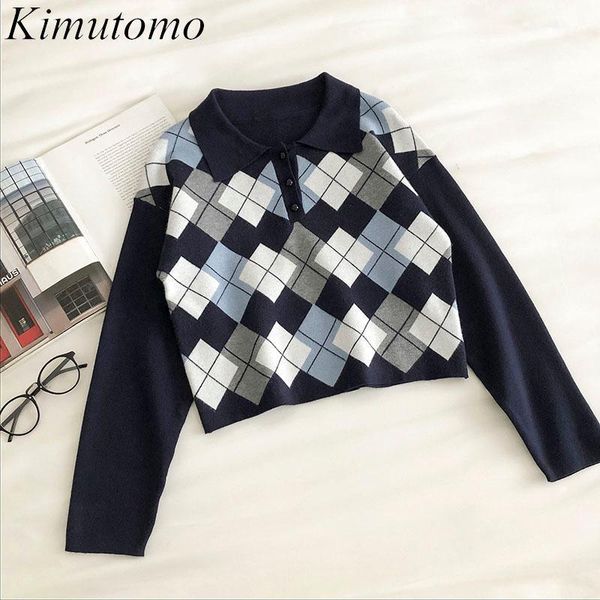 

kimutomo women knitted sweater korean preppy style vintage plaid collar short pullover outwear autumn fashion new1, White;black