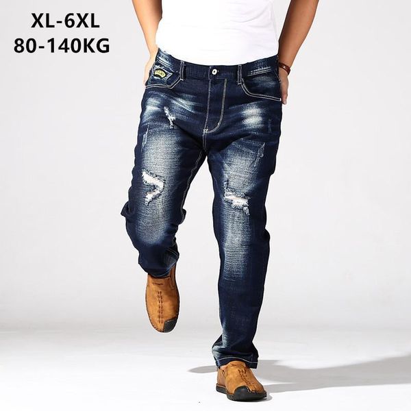 

distressed jeans mens dark blue trousers men's ripped jean hole denim elastic oversize big plus size 5xl 6xl 140kg pant clothes1
