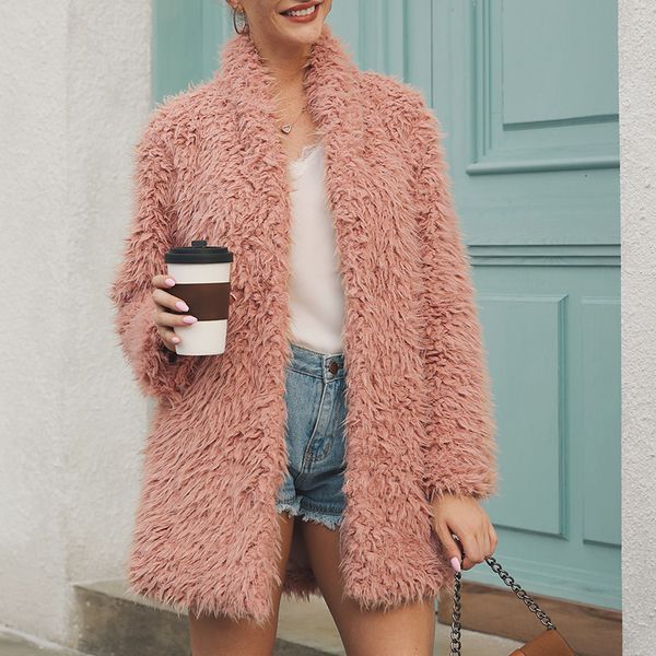 

women fur coat winter warm overcoat long jacket outerwear slim hairy trench black beige pink drop shipping