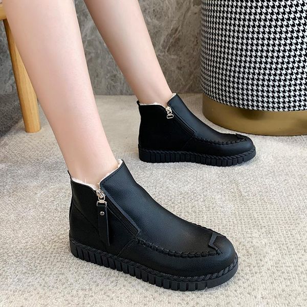 

women's leather boots platform winter footwear female shoes round toe flat heel low 2021 rubber ankle ladies, Black