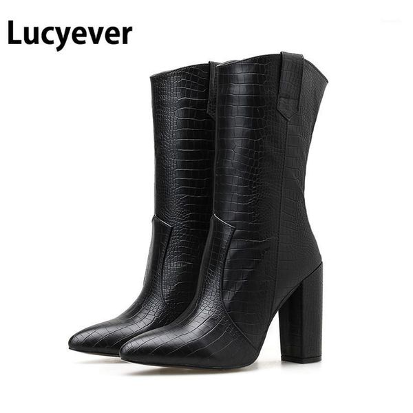 

boots lucyever vintage black pu leather cowboy for women thick high heel western mif calf rome style knight botas mujer1