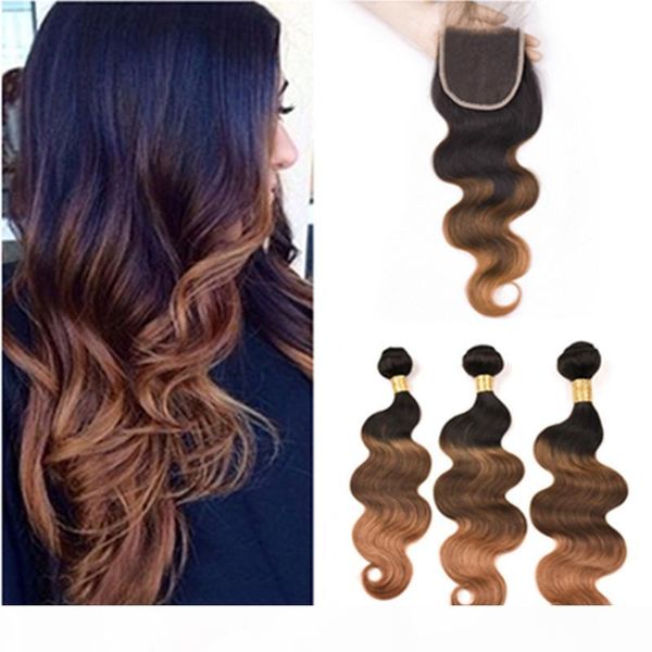 

#1b 4 30 black brown to auburn ombre body wave peruvian human hair 3bundles and closure 3tone ombre lace closure 4x4 with weaves