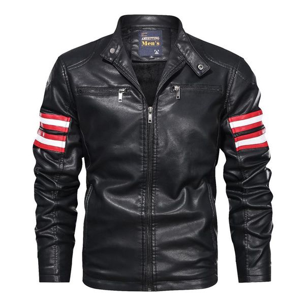 

men's fur & faux 2021 winter leather jacket men fashion stand collar motorcycle pu casual vintage warm biker coat man, Black