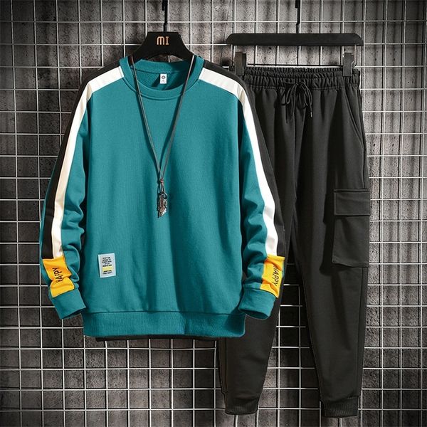 

men autumn winter 2 piece set casual sports wear men tracksuit korea fashion o-neck shirt and sweatpants jogging suit men outfit 201201, Gray