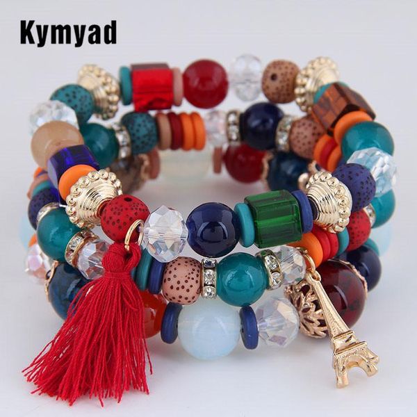 

kymyad multilayer bohemia bracelets crystal beads resin stone bracelets for women bijoux tassel tower bracelet femme jewelry, Golden;silver