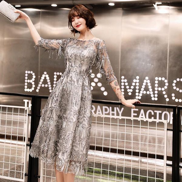 

sequined cocktail dresses shining three quater sleeve tassel o-neck party dress lace plus size length formal gowns e3661, White;black