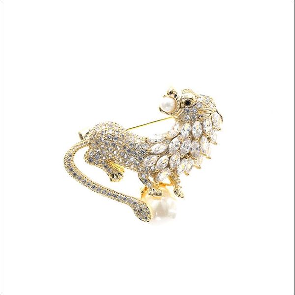 

new lion brooch female personality zircon pearl pin jacket suit atmosphere corsage accessories, Black