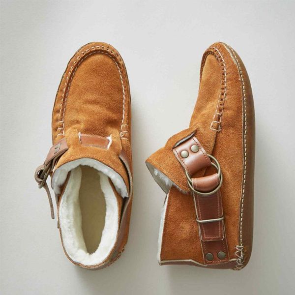 

winter plush snow boots women's warm flat shoes vintage 2021 buckle sewing ladies footwear female casual ankle boots comfortable, Black