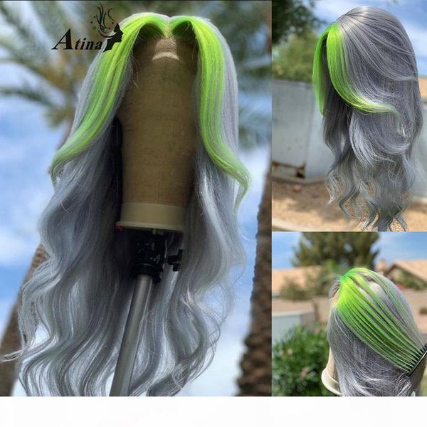 

ombre 613 gary green colored body wave human hair wig preplucked hd transparent remy glueless lace front wigs front full closure, Black;brown