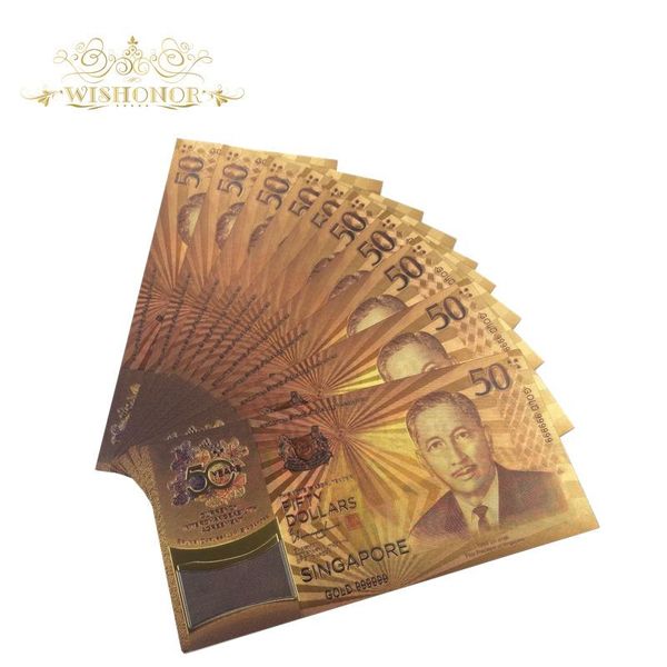 

10pcs lot new singapore banknote 50 sgd banknote in 24k gold plated fake money for collection sqcazz pingtoy