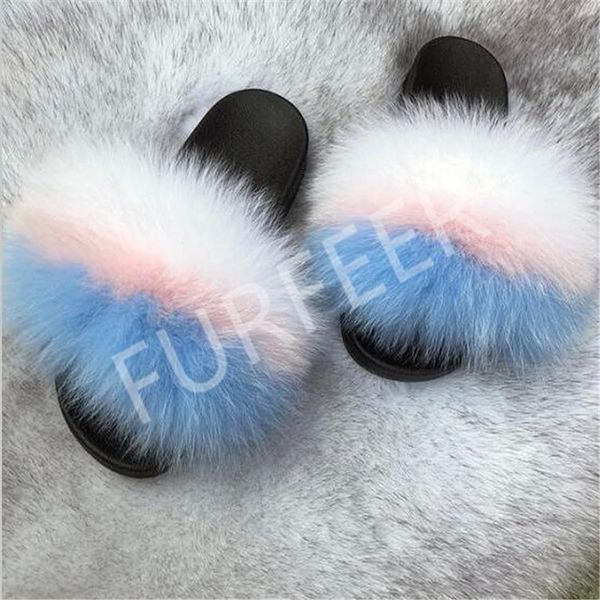 

women's summer furry flip flops real fox fur slippers indoor fluffy home shoes women fuzzy sliders soft plush sandals fur mules #pc6n, Black