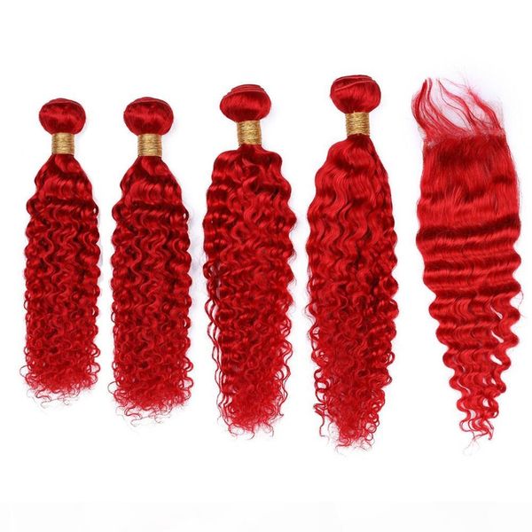 

red color deep wave malaysian human hair weave bundles with closure bright red deep wavy human hair 4bundles with 4x4 front lace closure, Black;brown