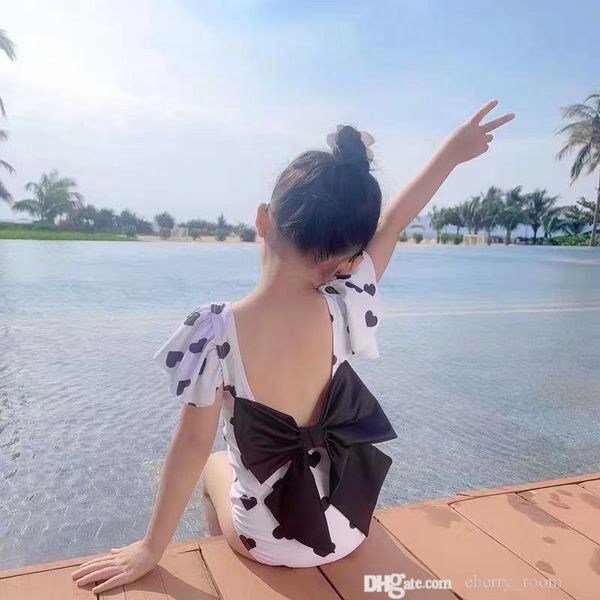 

2022 kids one-piece swimwear korean girls polka dots bowknot swimsuit children bow love heart ruffle sleeve beach bathing suit s2034, Black